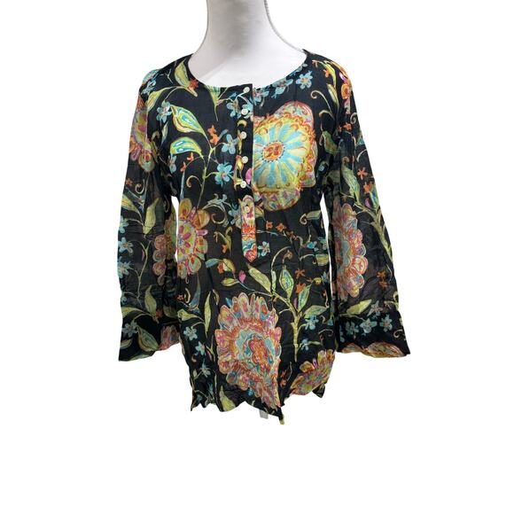 Athleta Floral Boho Tunic Top Black Multicolor Cotton Silk Blend M semi sheer - Picture 2 of 7